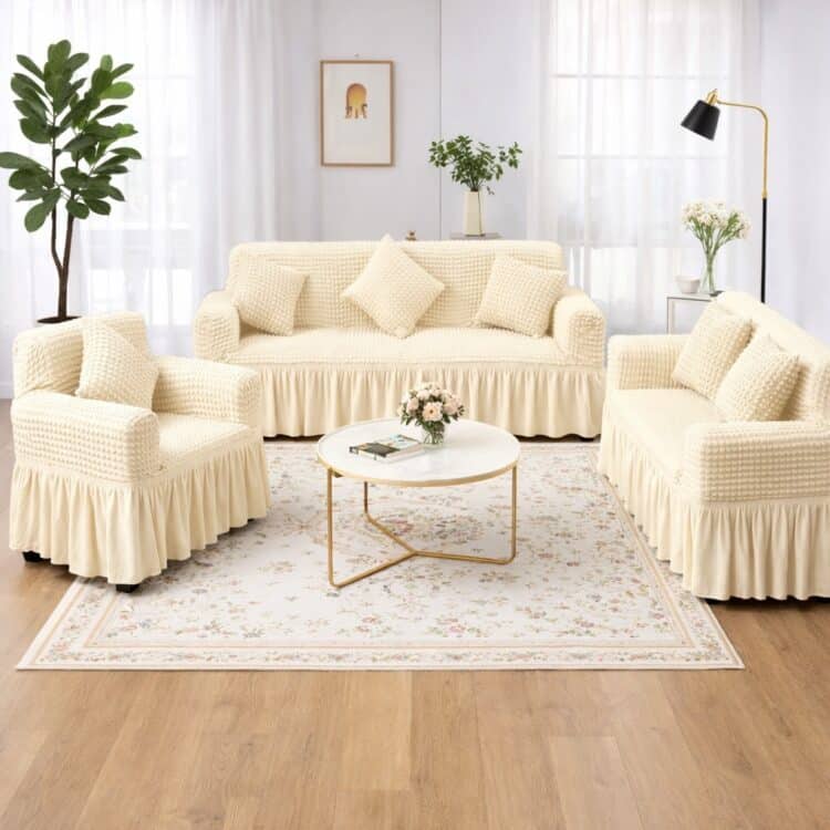 Σετ Καλύμματα Ελαστικά Σαλονιού με Ανάγλυφο Σχέδιο Και Βολάν (Τριθέσιο+Διθέσιο+Πολυθρόνα)