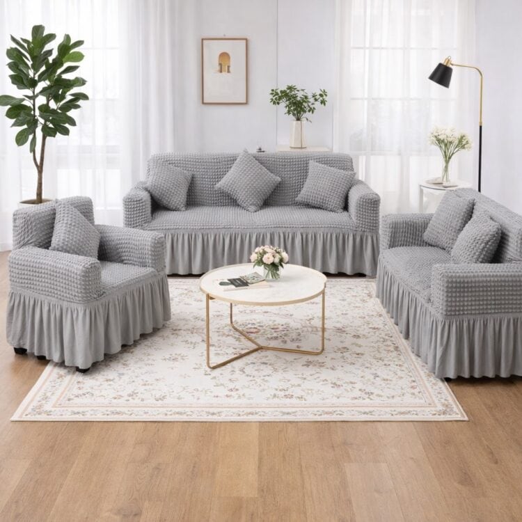 Σετ Καλύμματα Ελαστικά Σαλονιού με Ανάγλυφο Σχέδιο Και Βολάν (Τριθέσιο+Διθέσιο+Πολυθρόνα)